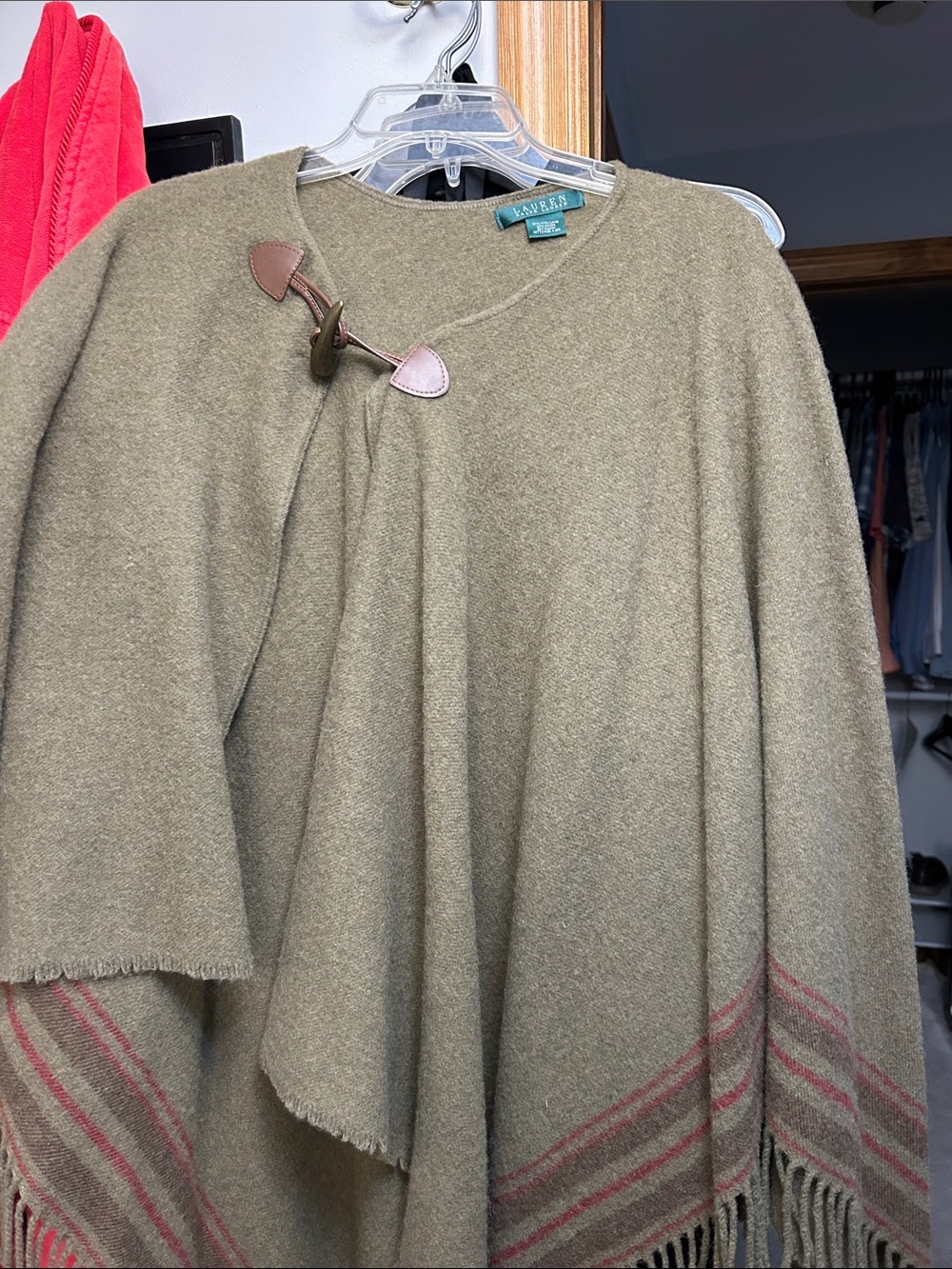 Ralph Lauren Olive Poncho with Pink Stripe and Leather Toggle